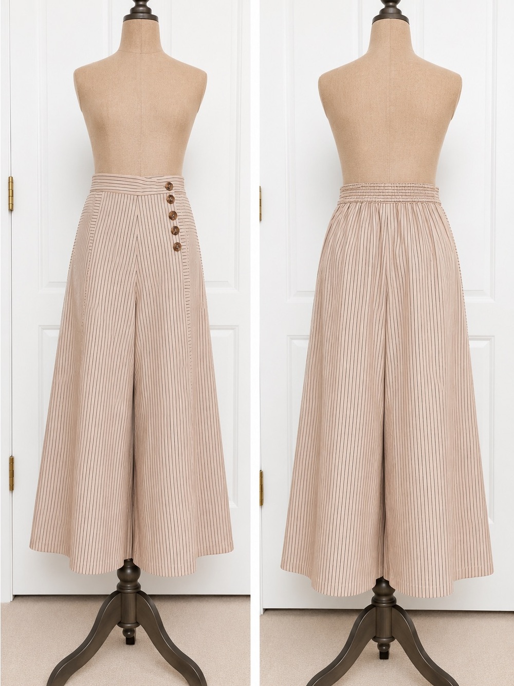 High-Waist Wide-Leg pants in light blush with pinstripes